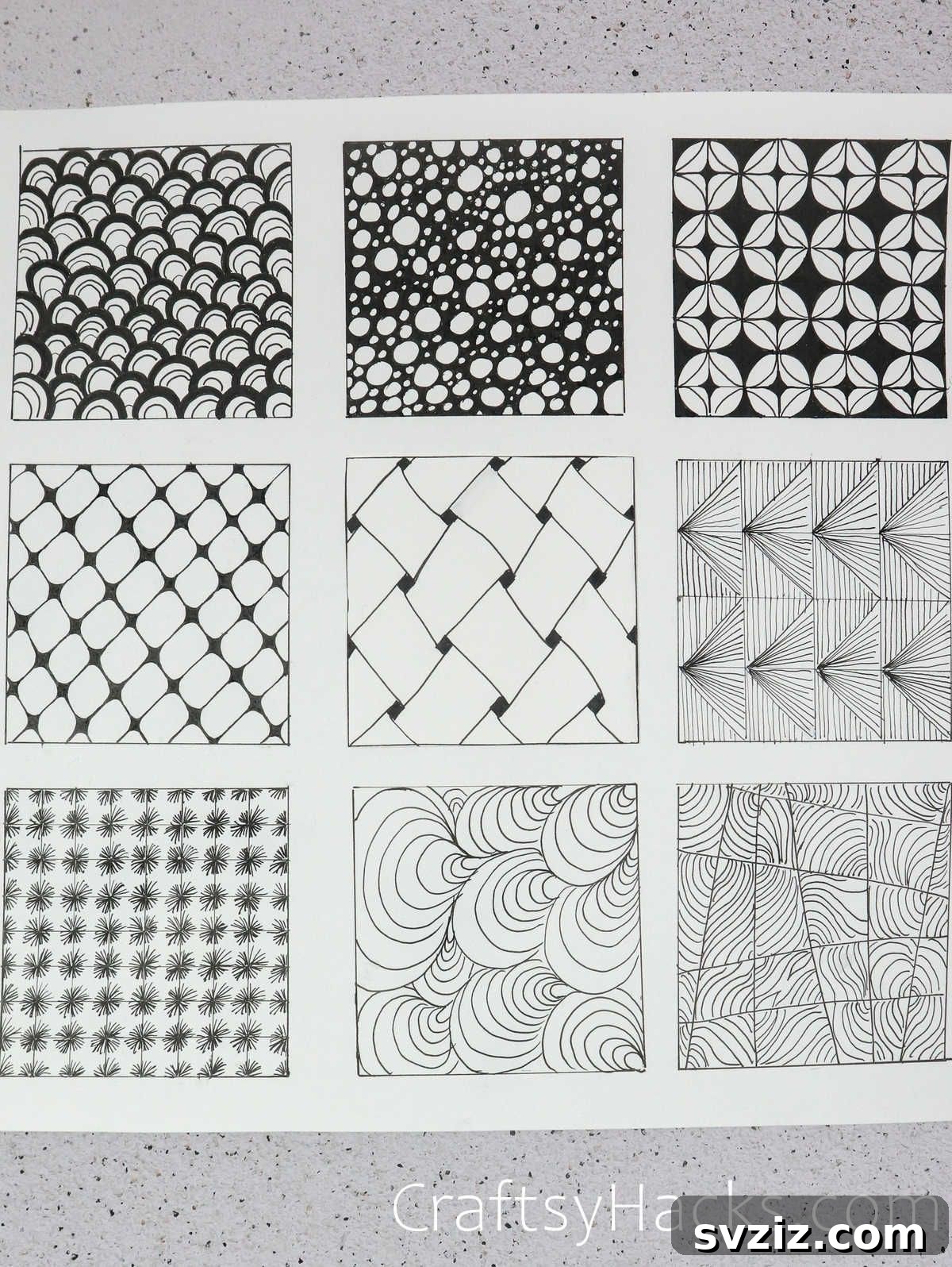 Collection of nine easy doodle patterns, including grids, circles, and abstract shapes, for beginners and enthusiasts.