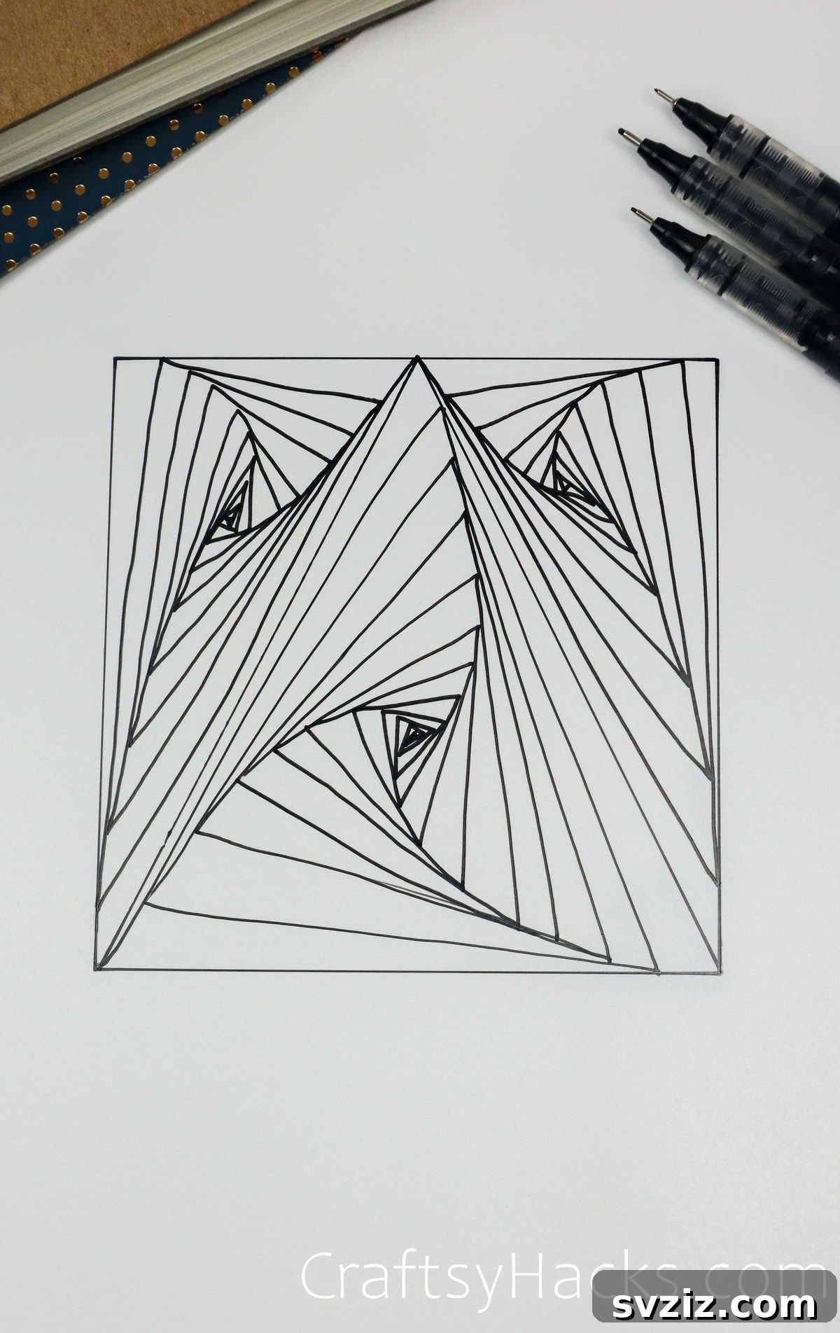 Detailed view of a single doodle pattern featuring layered isosceles triangles with intricate internal lines.