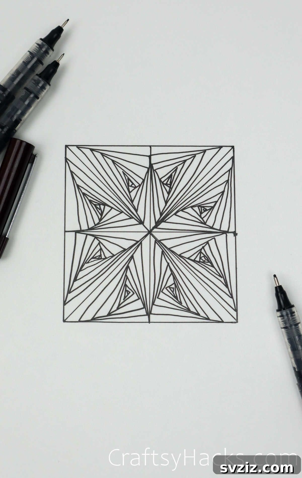 Intricate square doodle pattern featuring a central asterisk surrounded by eight tilted triangles filled with lines.