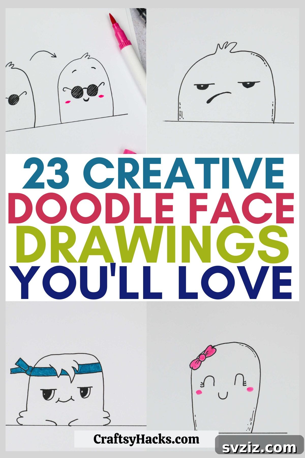 A vibrant collage of 23 different easy face doodle ideas for bullet journals and sketch pads, featuring various expressions like smiling, angry, relieved, smirking, squinting, confused, jolly, excited, sad, surprised, celebrating, nerdy, cold, joyful, grinning, cool, beaming, and mischievous, all designed in a simple, cute, and fun style.
