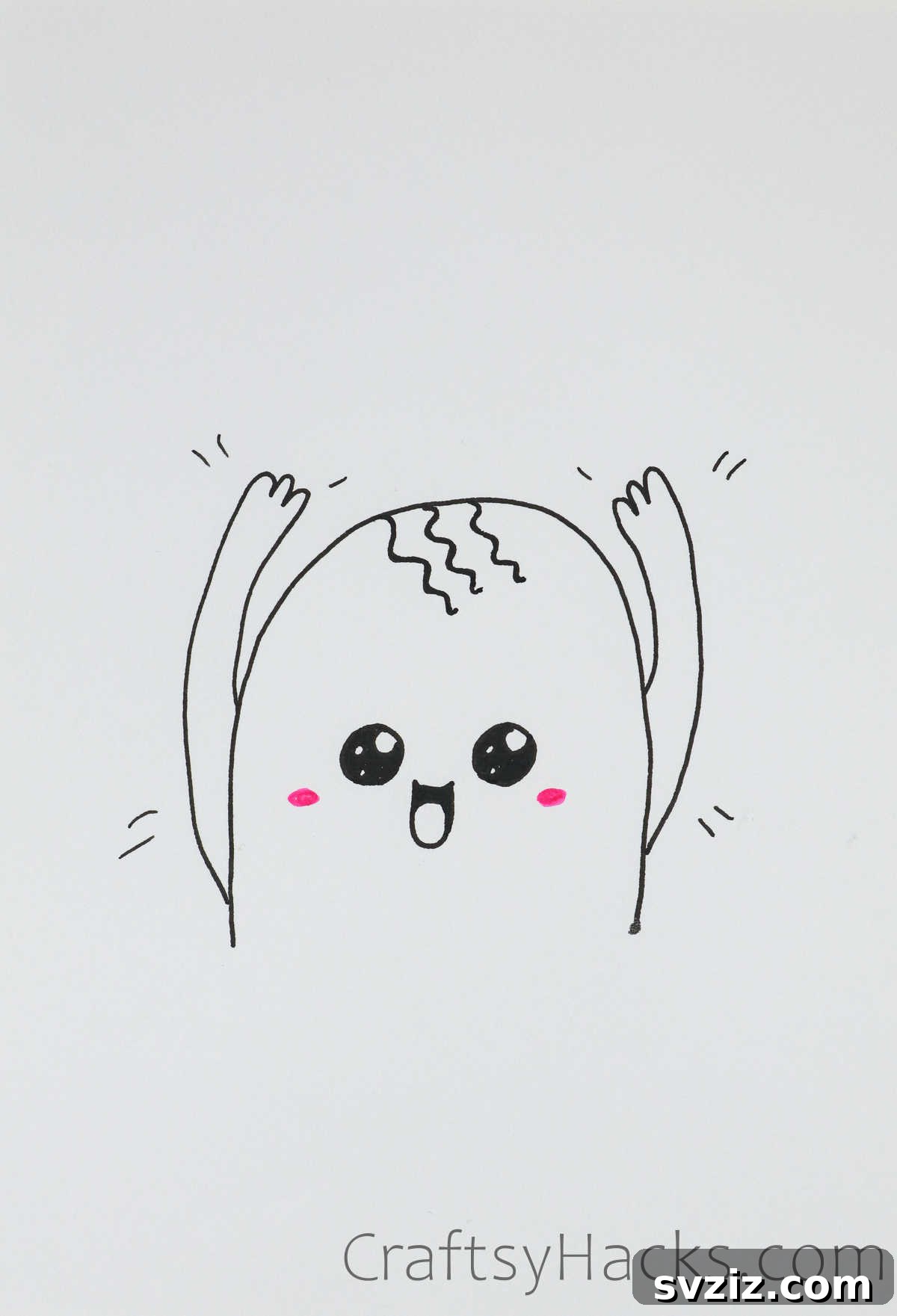 A cheerful doodle of a celebrating face with raised arms and a wide smile, exuding joy and triumph, ideal for achievements.