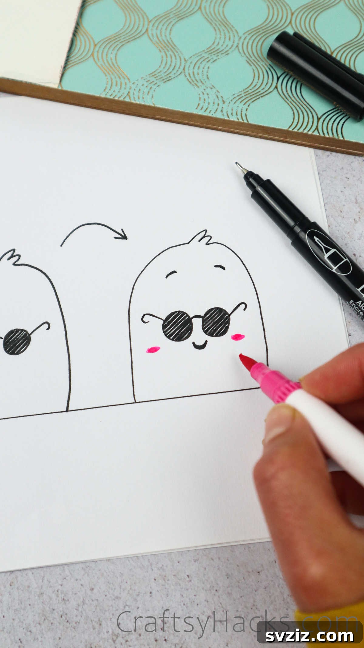 A stylish doodle of a cool face wearing sunglasses, with a confident smile, perfect for depicting a relaxed and trendy vibe.