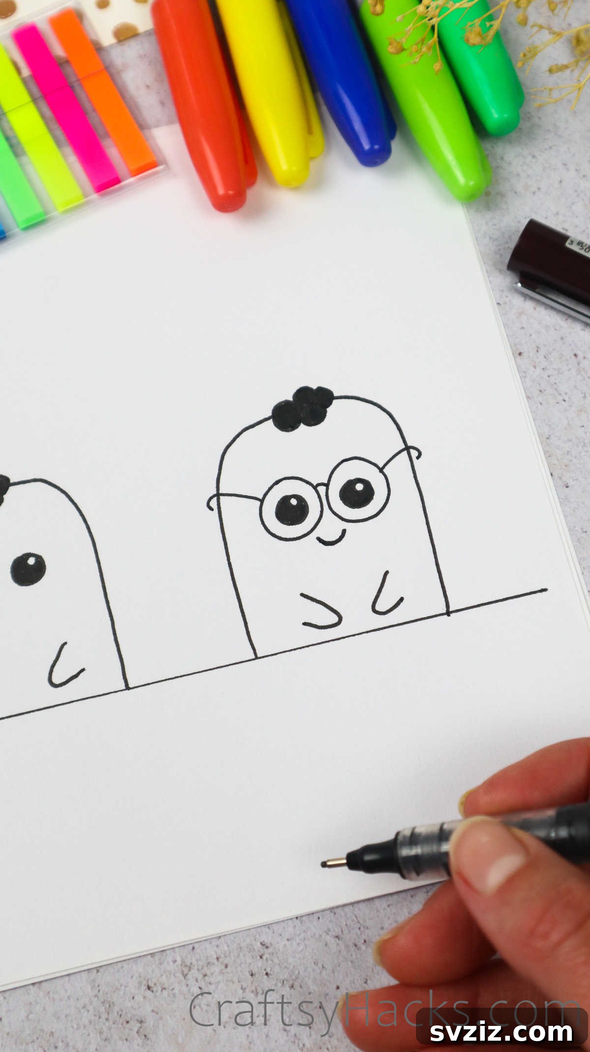 A charming doodle of a cute nerdy face with oversized glasses, a tiny tuft of hair, and a sweet smile, combining cuteness with intelligence.