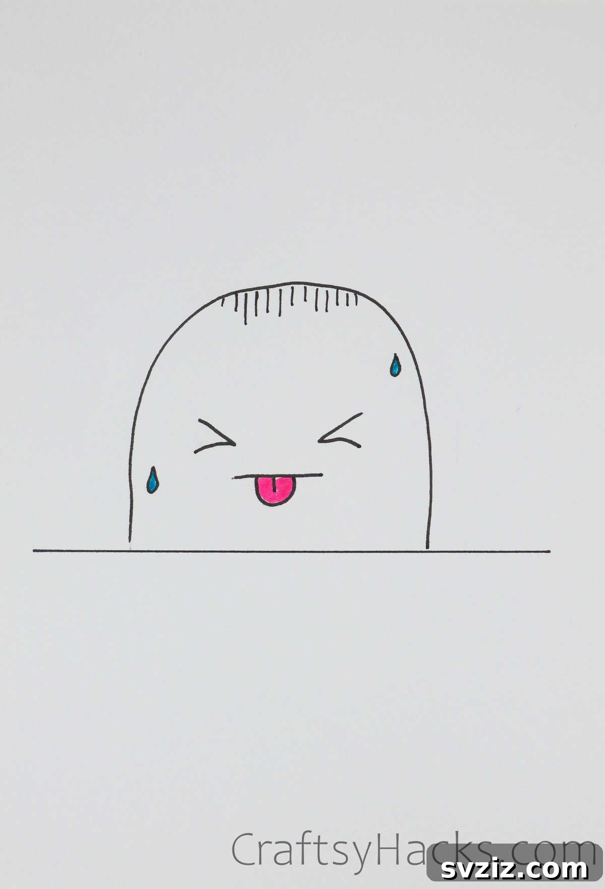 A playful and energetic doodle of a squinting face sticking its tongue out, indicating silliness or cheekiness, great for fun entries.