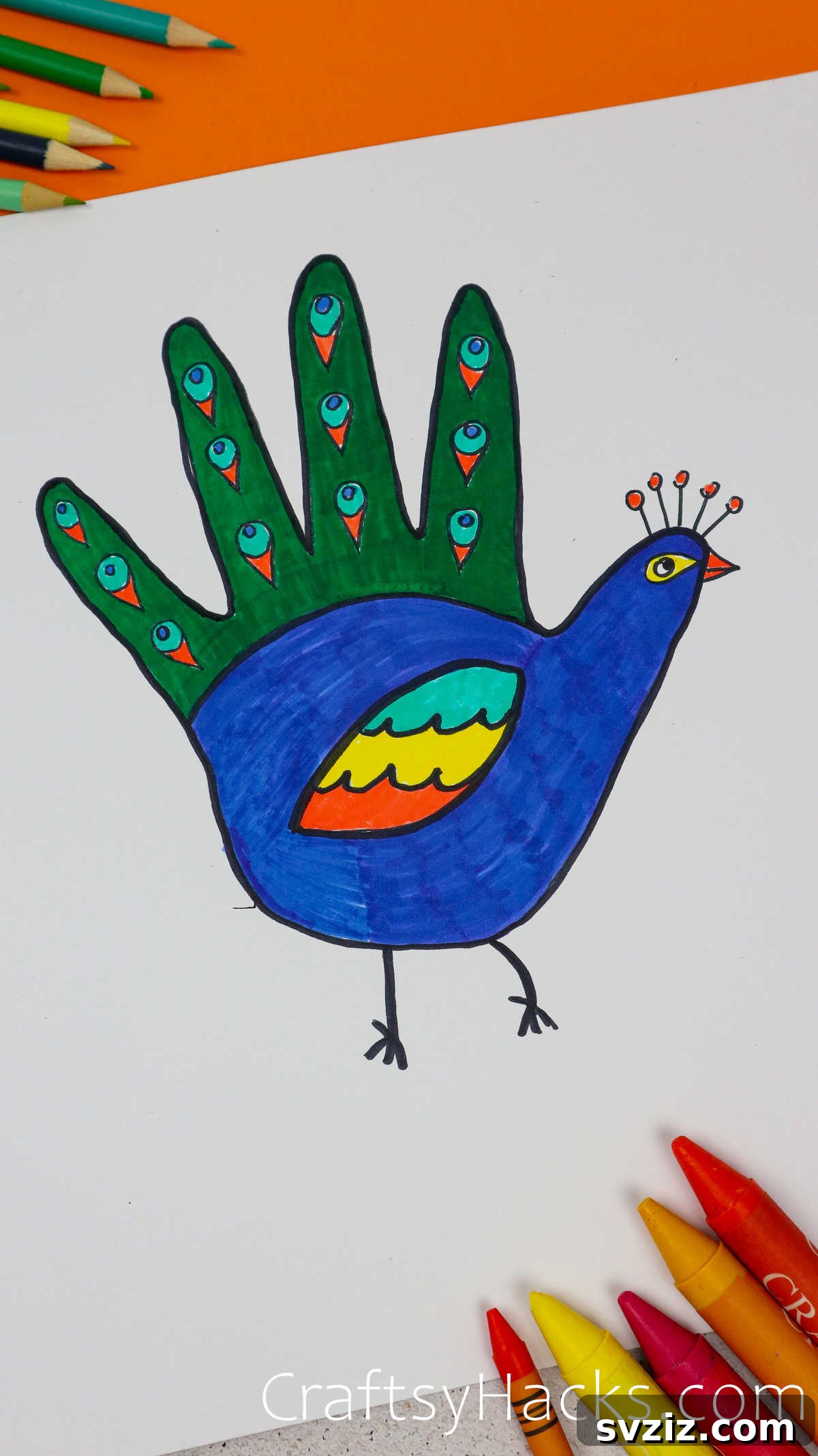 40 Engaging Drawing Ideas for Young Artists 15 Handprint peafowl doodle drawing for kids