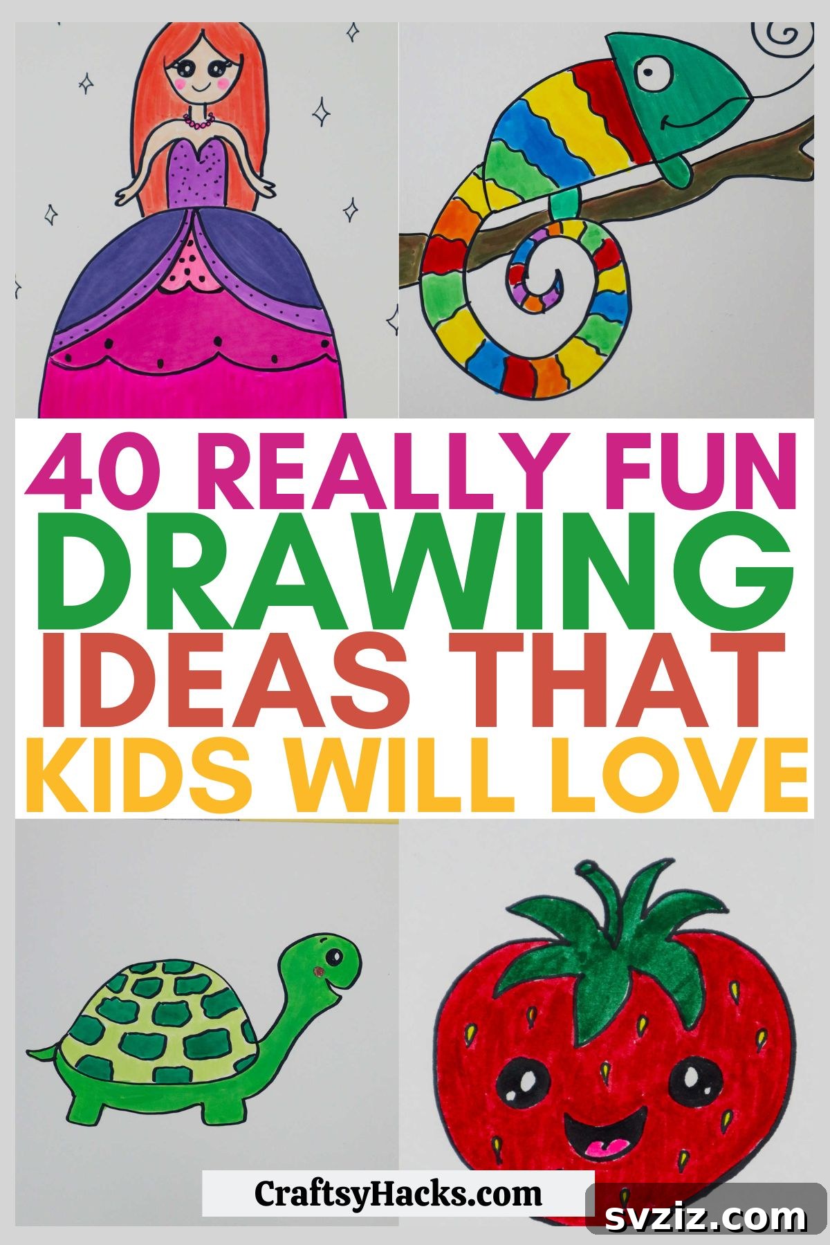 40 Engaging Drawing Ideas for Young Artists 3 Collection of colorful and easy drawing ideas for kids, including animals and objects.