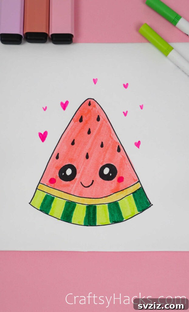 40 Engaging Drawing Ideas for Young Artists 43 Easy refreshing watermelon slice doodle drawing for kids