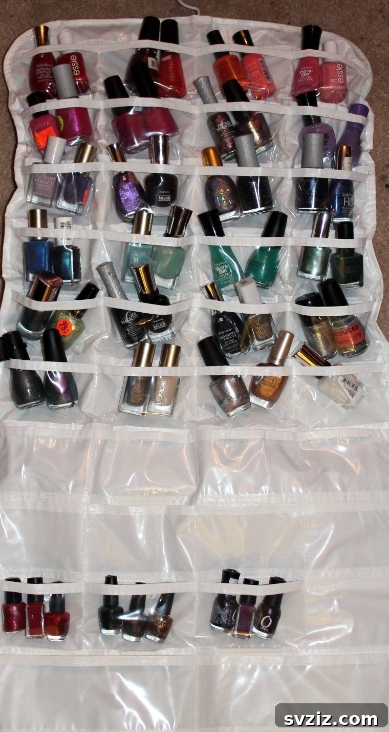 Over-the-door shoe holder used to store nail polish bottles