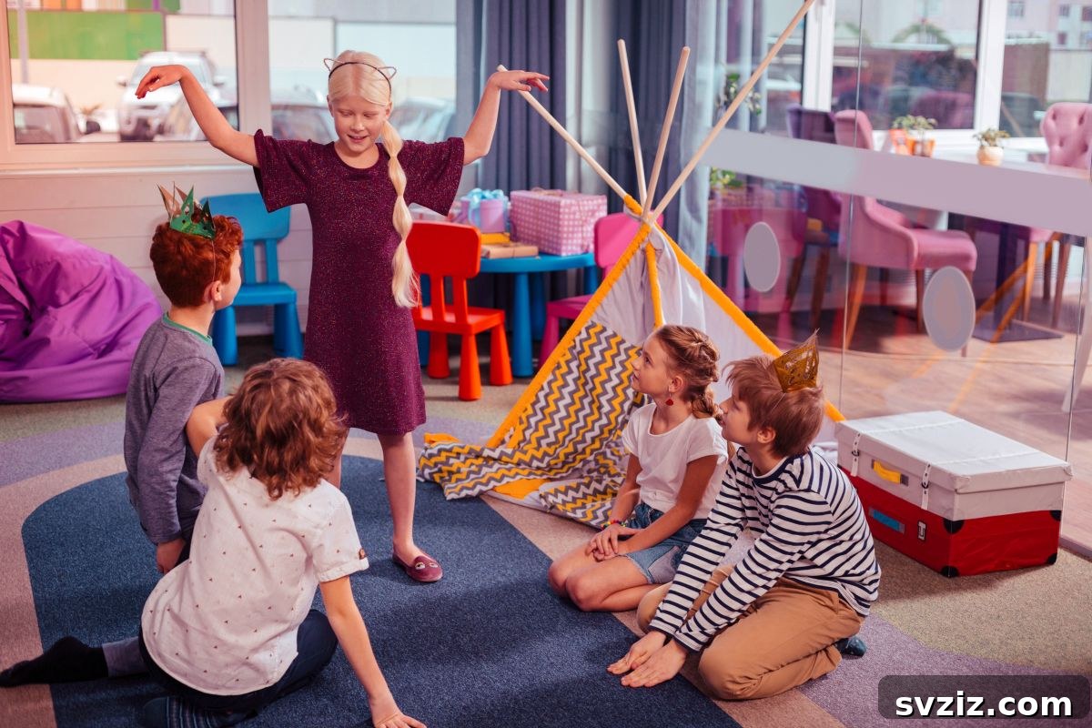 Children playing animal charades, acting out a cat