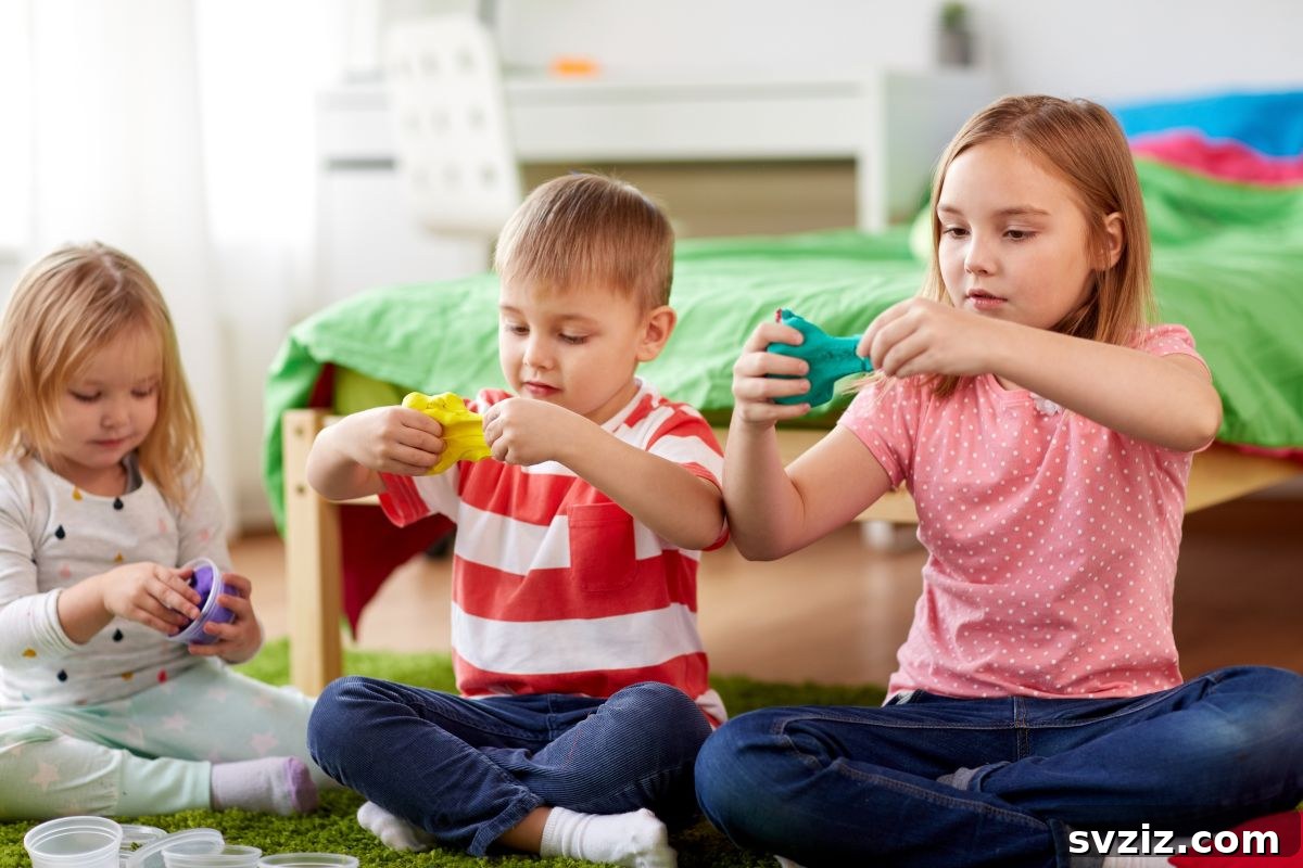 Kids enthusiastically playing with colorful slime