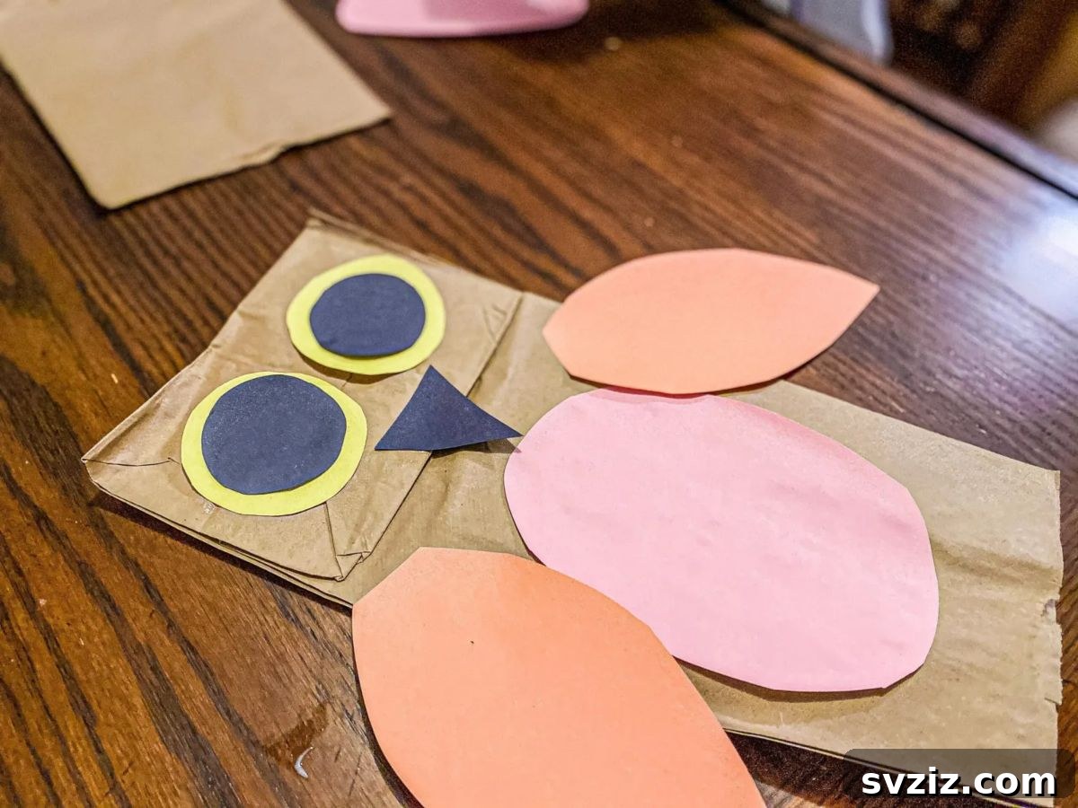Interactive owl paper bag puppet craft for learning shapes