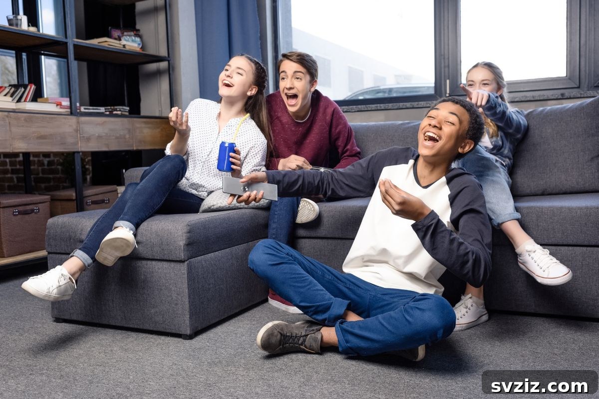 Teenager hosting a movie marathon with friends