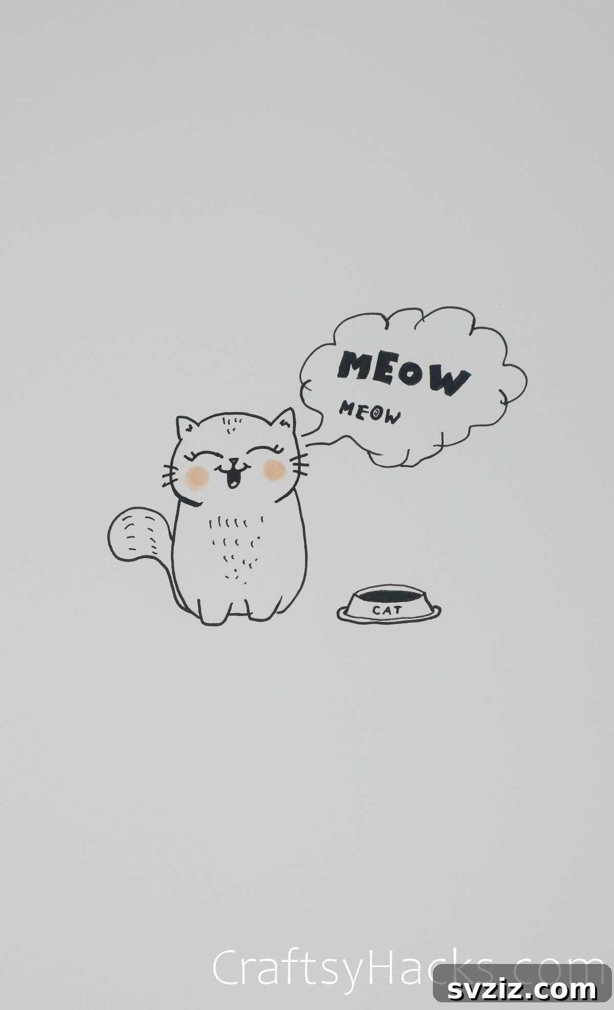 Hungry cat drawing, with an expressive face looking for food