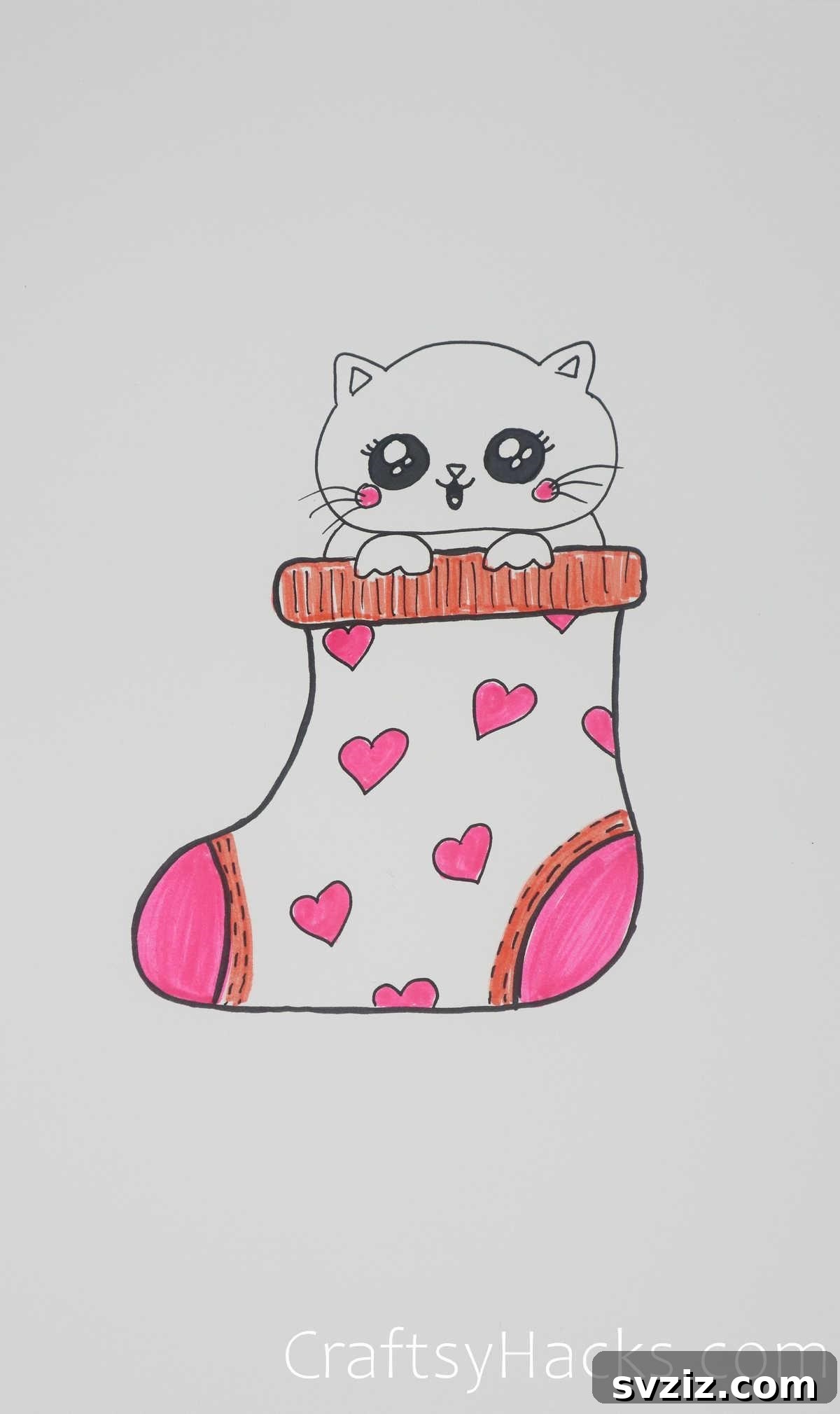 Kitten peeking out of a stocking, an adorable holiday drawing idea
