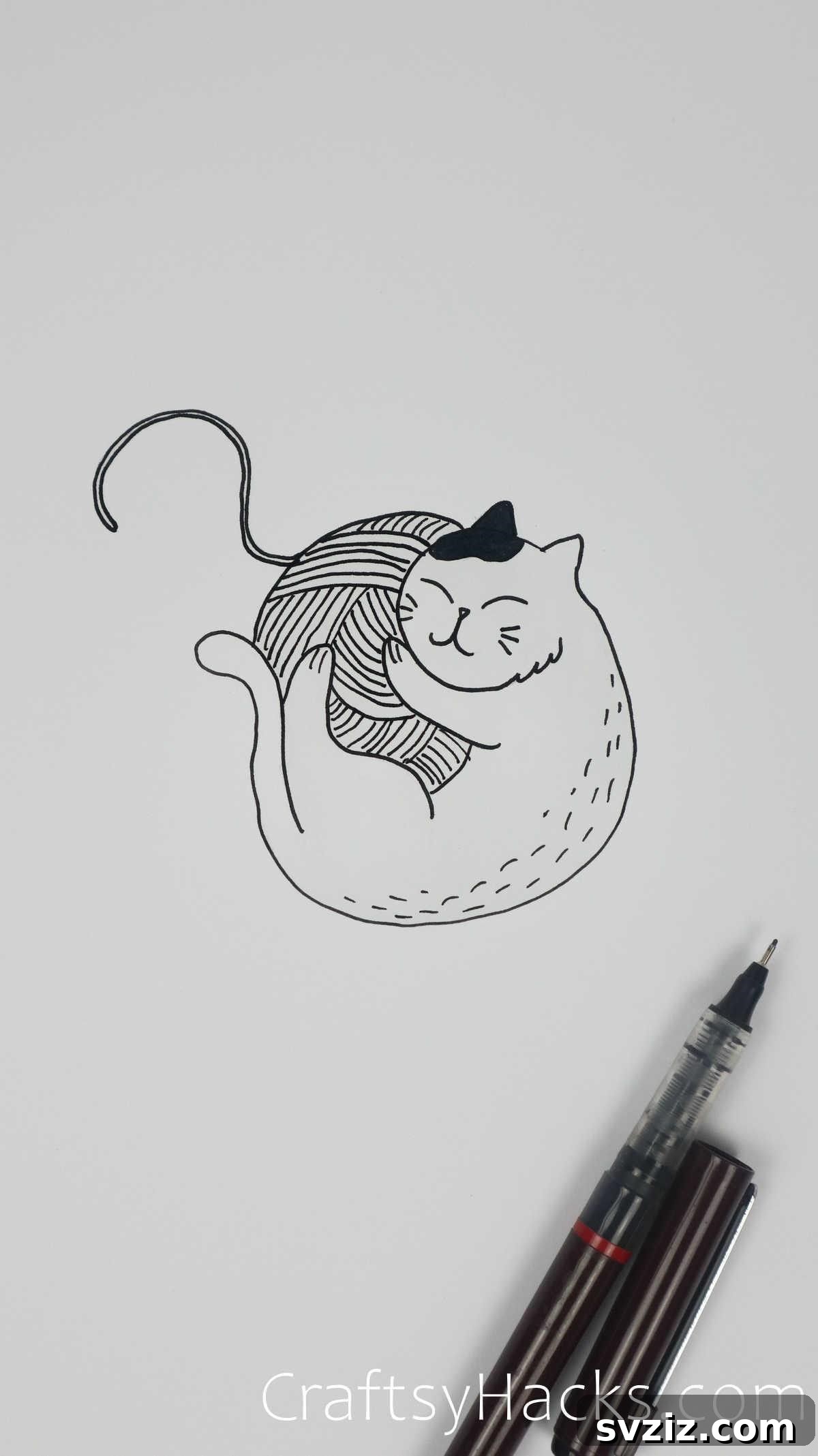 Cuddly cat playing with a ball of yarn, easy drawing for kids