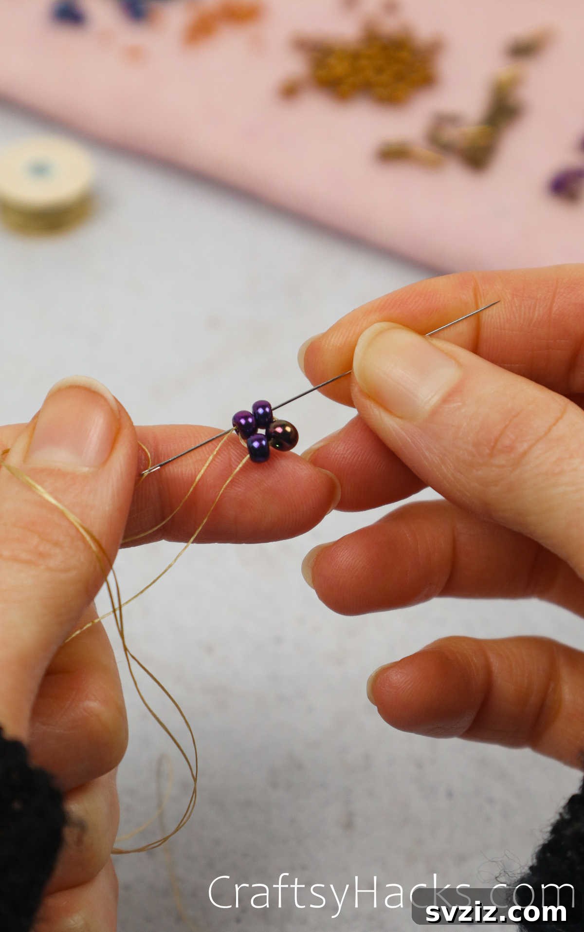 Craft Your Own Beaded Earrings 12 Beading needle reinforcing the ladder stitch by threading through the beads.