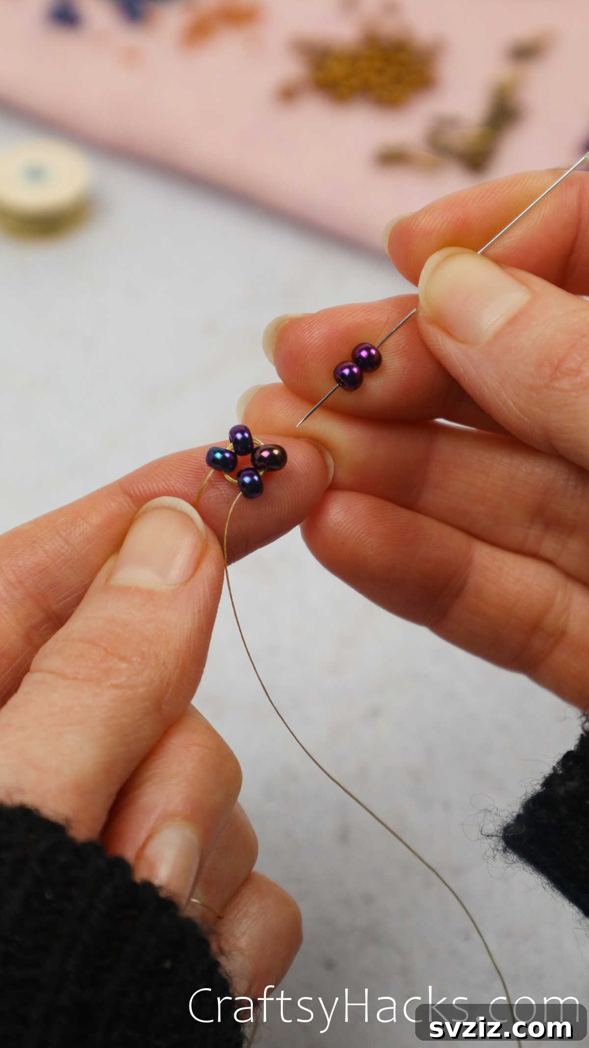 Craft Your Own Beaded Earrings 15 New beads being threaded to extend the ladder stitch.