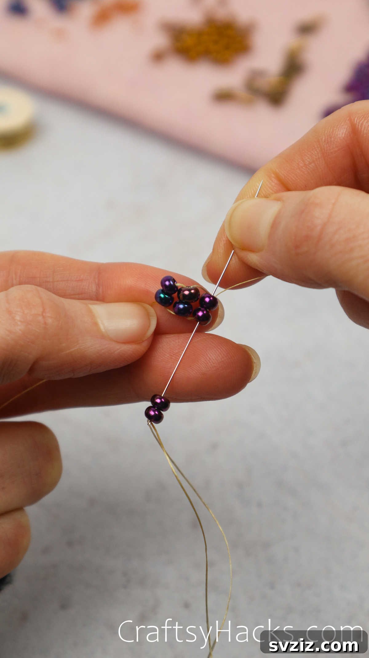 Craft Your Own Beaded Earrings 18 Needle threading up from the bottom to secure a new set of beads in the ladder.
