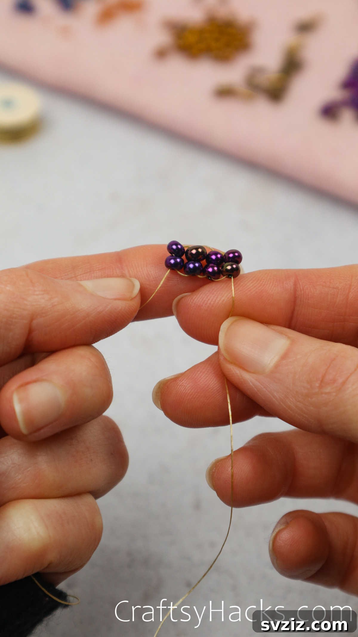 Craft Your Own Beaded Earrings 20 Close-up demonstrating the formation of a two-row ladder with seed beads.