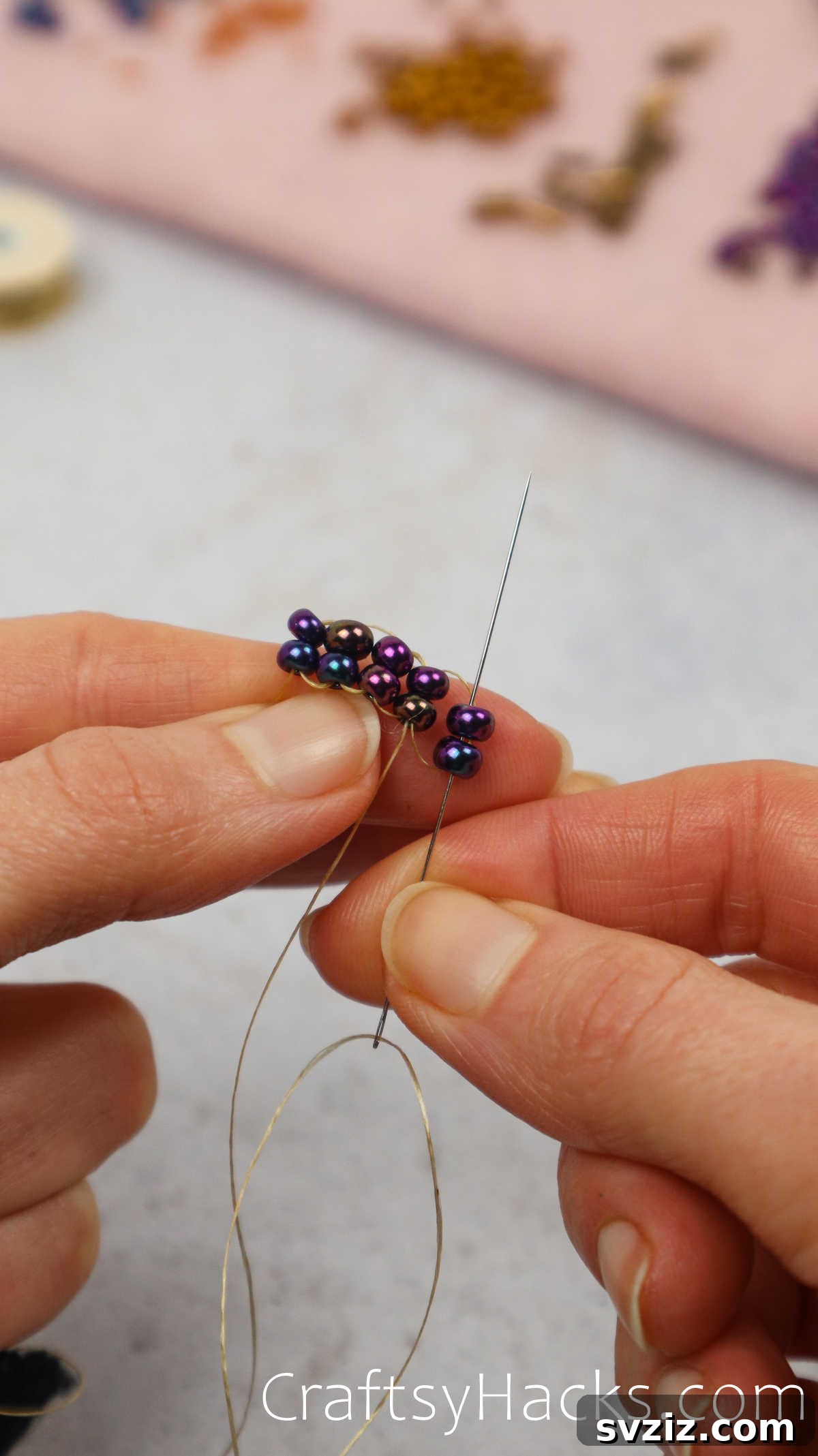 Craft Your Own Beaded Earrings 22 Close-up showing the ongoing formation of the ladder beadwork.