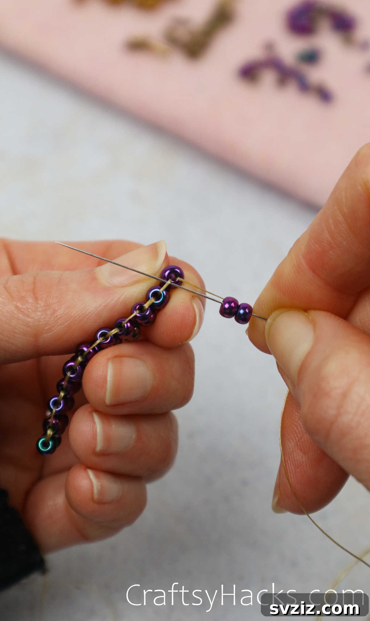 Craft Your Own Beaded Earrings 25 Needle threading two new beads through the second thread bridge from underneath the ladder.