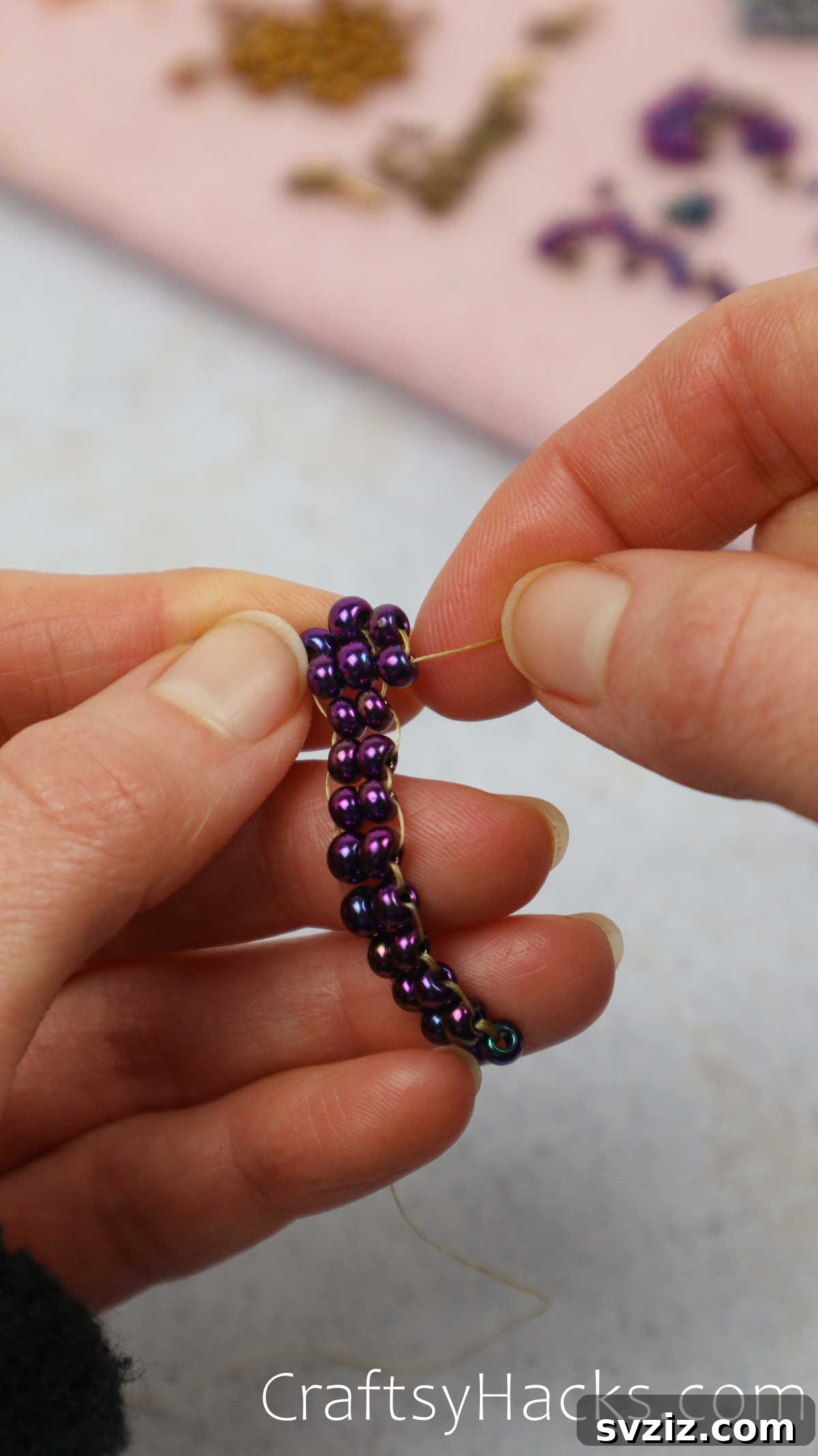 Craft Your Own Beaded Earrings 30 Needle weaving through beads to continue building the diamond pattern.