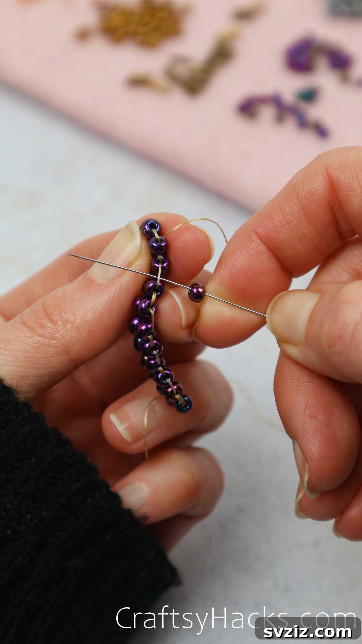 Craft Your Own Beaded Earrings 31 One bead being added at a time, continuing the intricate beadwork pattern.
