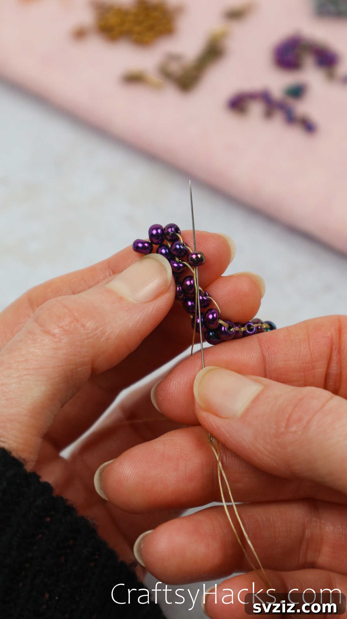Craft Your Own Beaded Earrings 32 Needle pulling thread through a bridge to position a single bead.