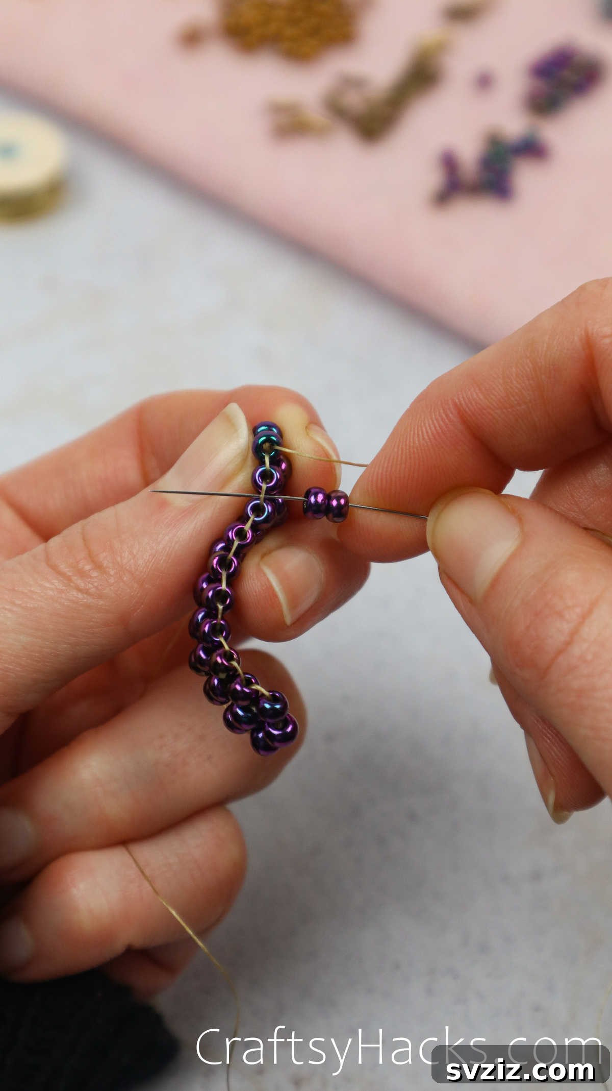 Craft Your Own Beaded Earrings 34 Repetitive threading of single beads, skipping the first gap, to build the earring.