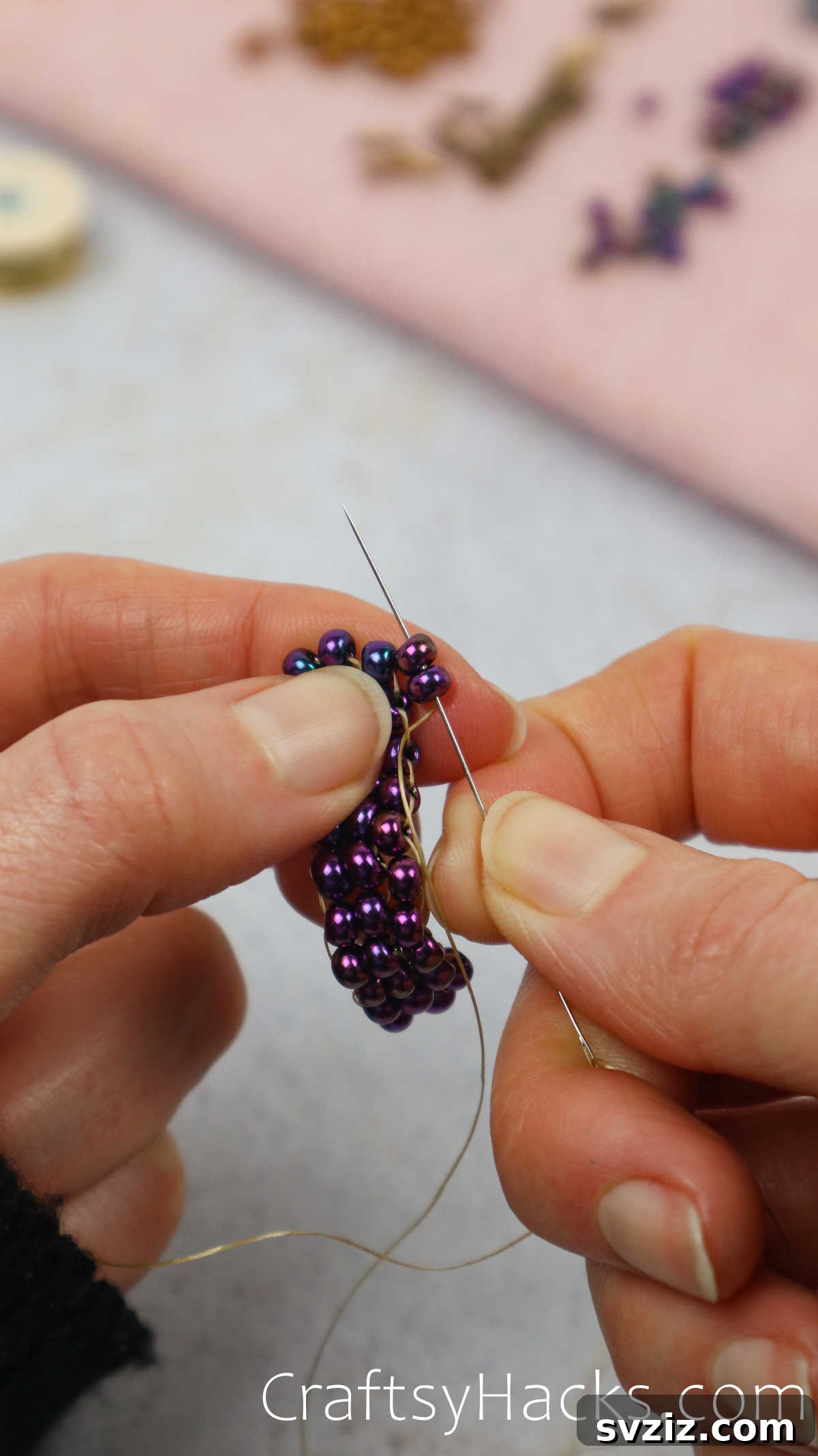 Craft Your Own Beaded Earrings 35 Beads being added in a tapering pattern to create the distinct triangle shape.