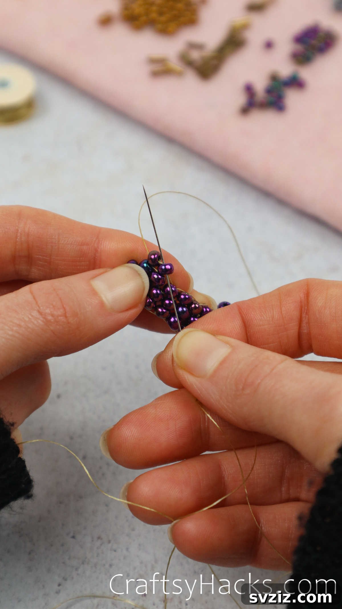 Craft Your Own Beaded Earrings 36 Continuous threading of beads, forming the tapering sides of the triangle.