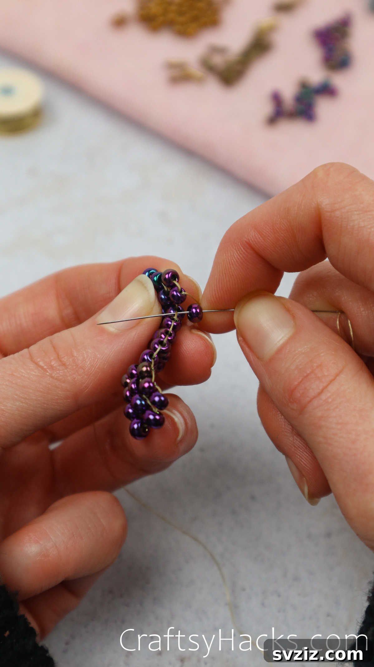 Craft Your Own Beaded Earrings 37 Beads steadily forming the triangular shape, showcasing meticulous work.