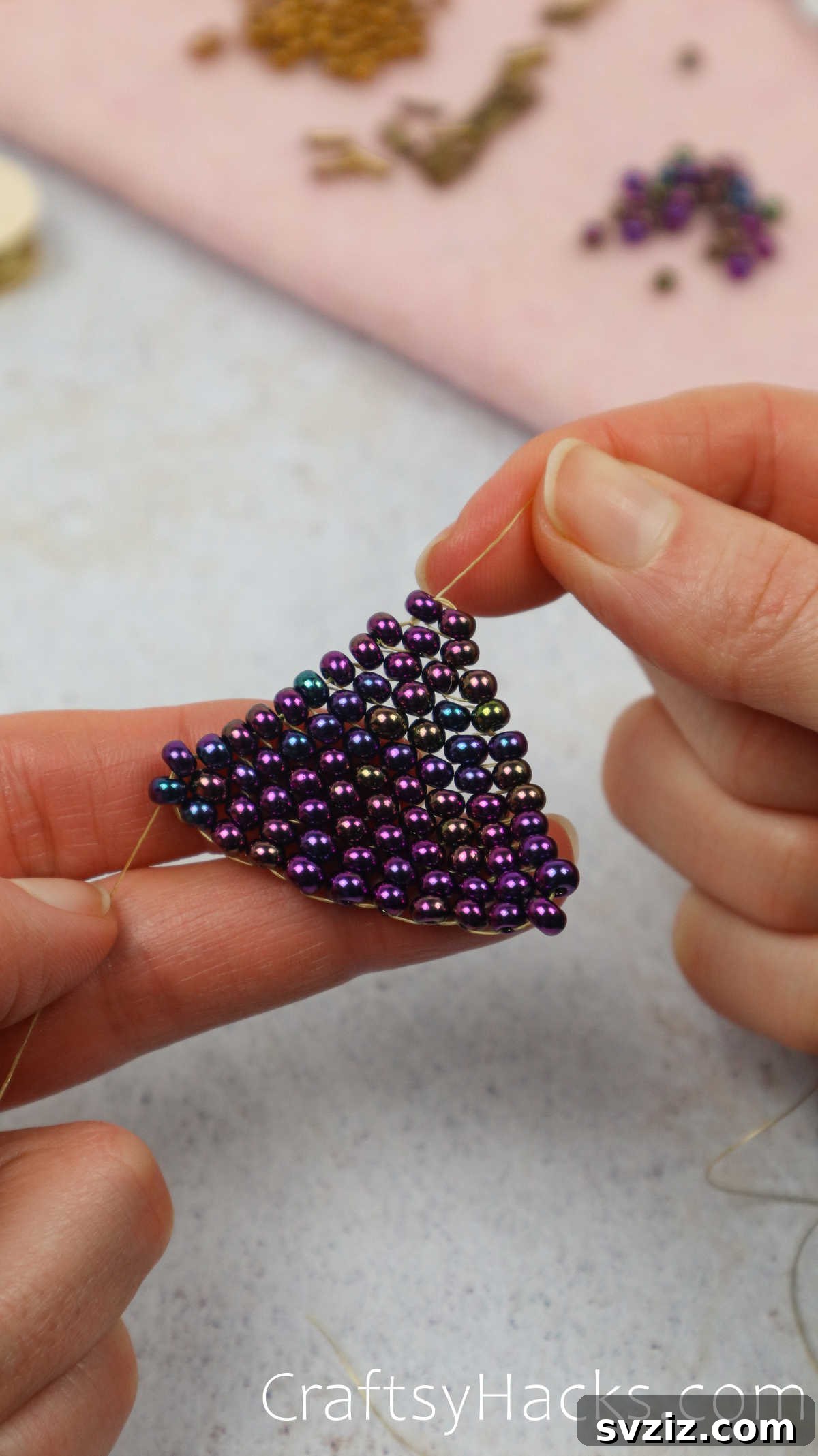 Craft Your Own Beaded Earrings 38 A well-formed triangle of beads, demonstrating the first completed segment.