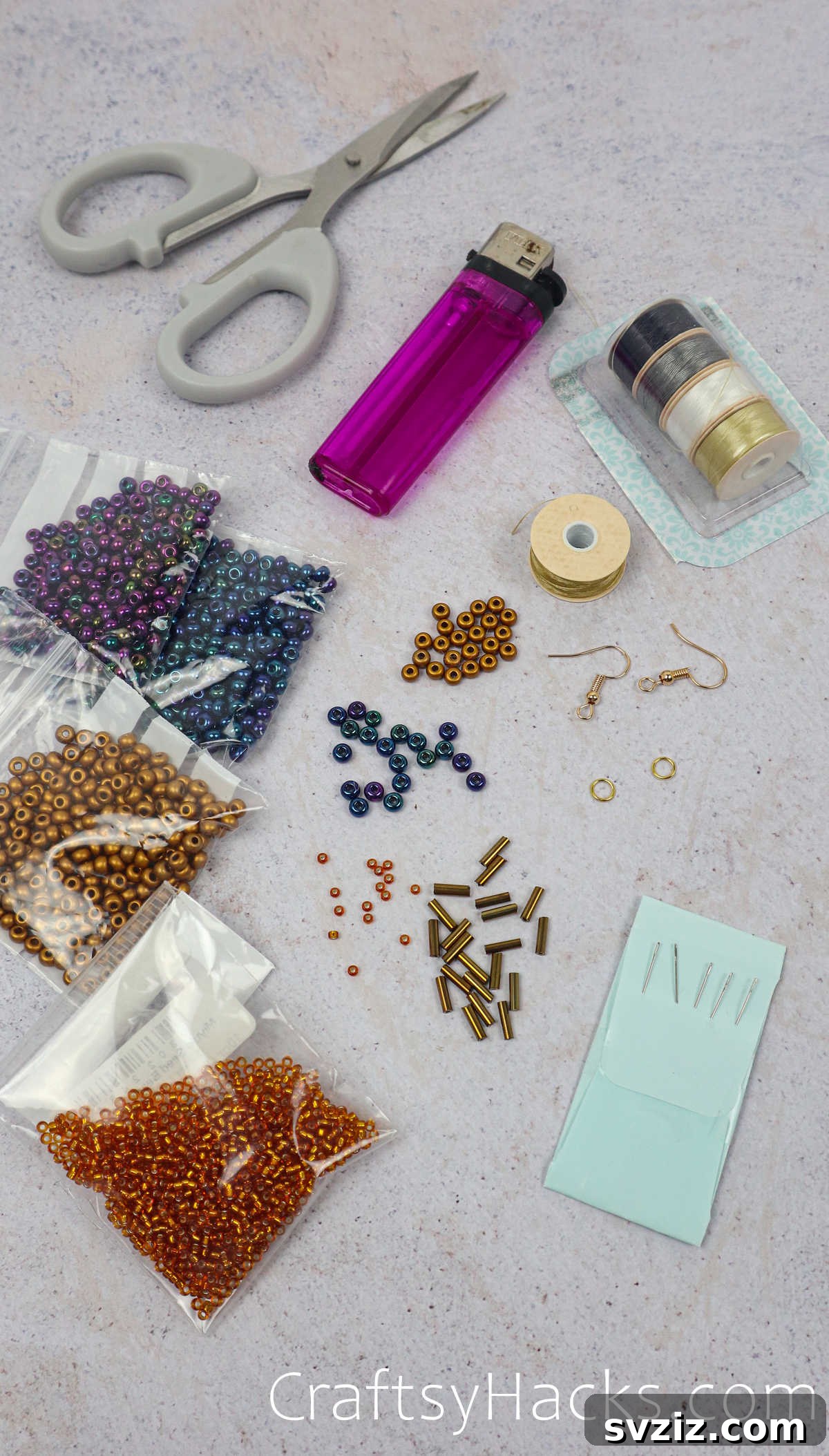 Craft Your Own Beaded Earrings 5 A collection of colorful seed beads, bugle beads, and tools laid out for making beaded earrings.