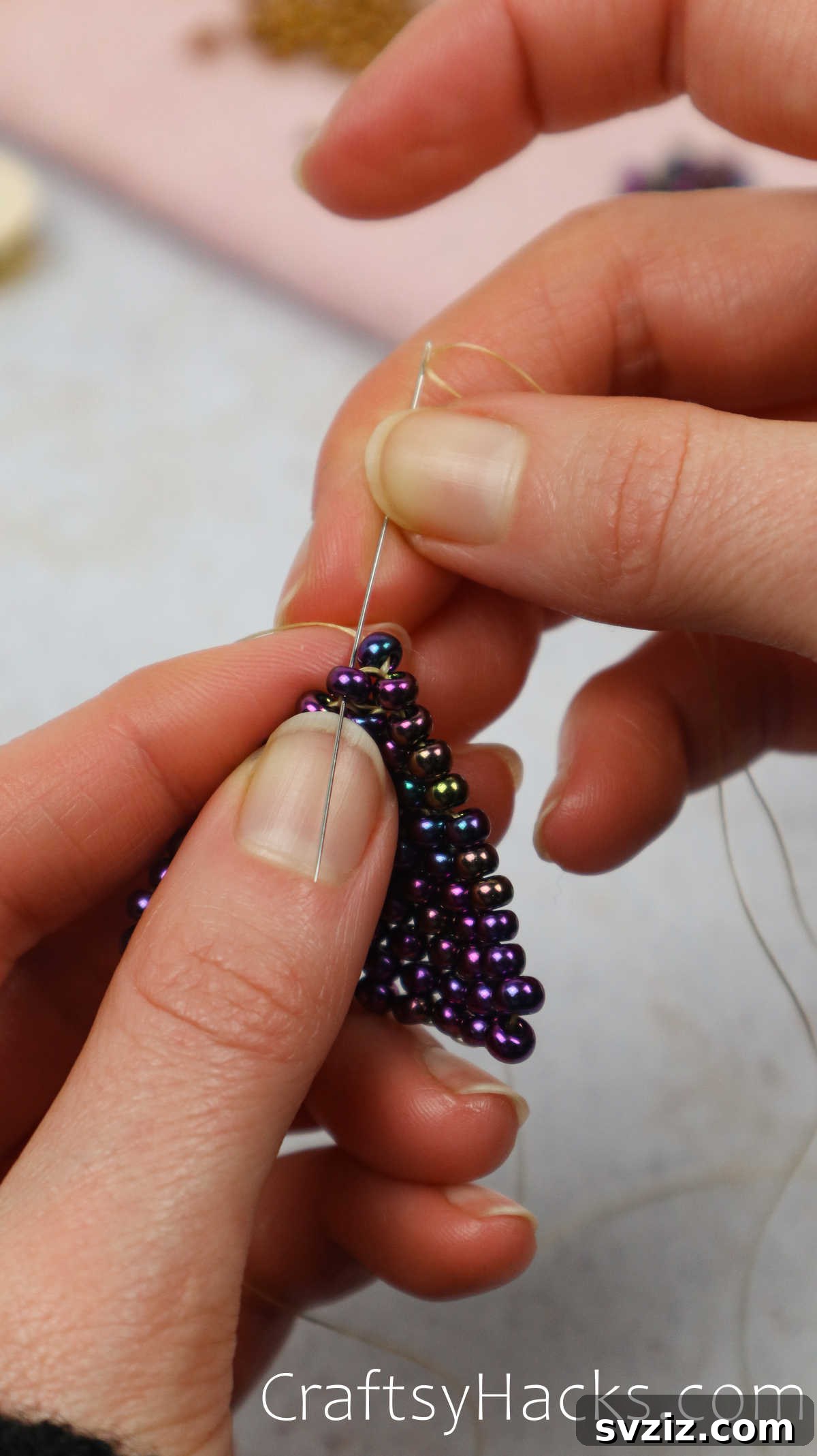 Craft Your Own Beaded Earrings 41 Looping thread through beads to secure the completed triangle.