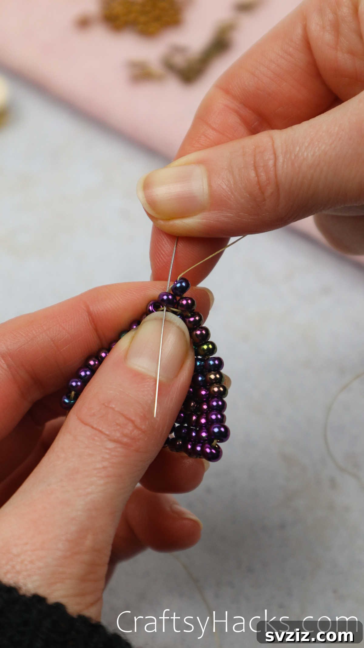 Craft Your Own Beaded Earrings 44 Thread meticulously securing the integrity of the beaded triangle shape.