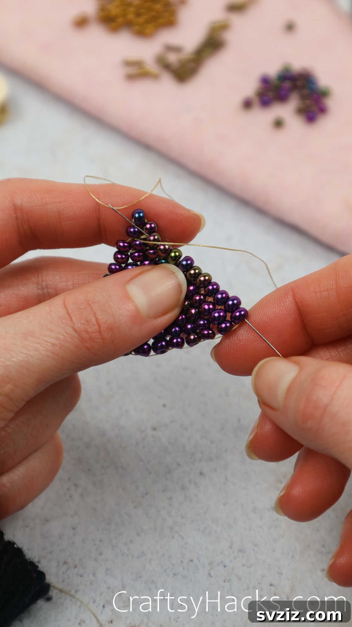 Craft Your Own Beaded Earrings 45 Beads arranged in a precise triangle, highlighting the secure structure.