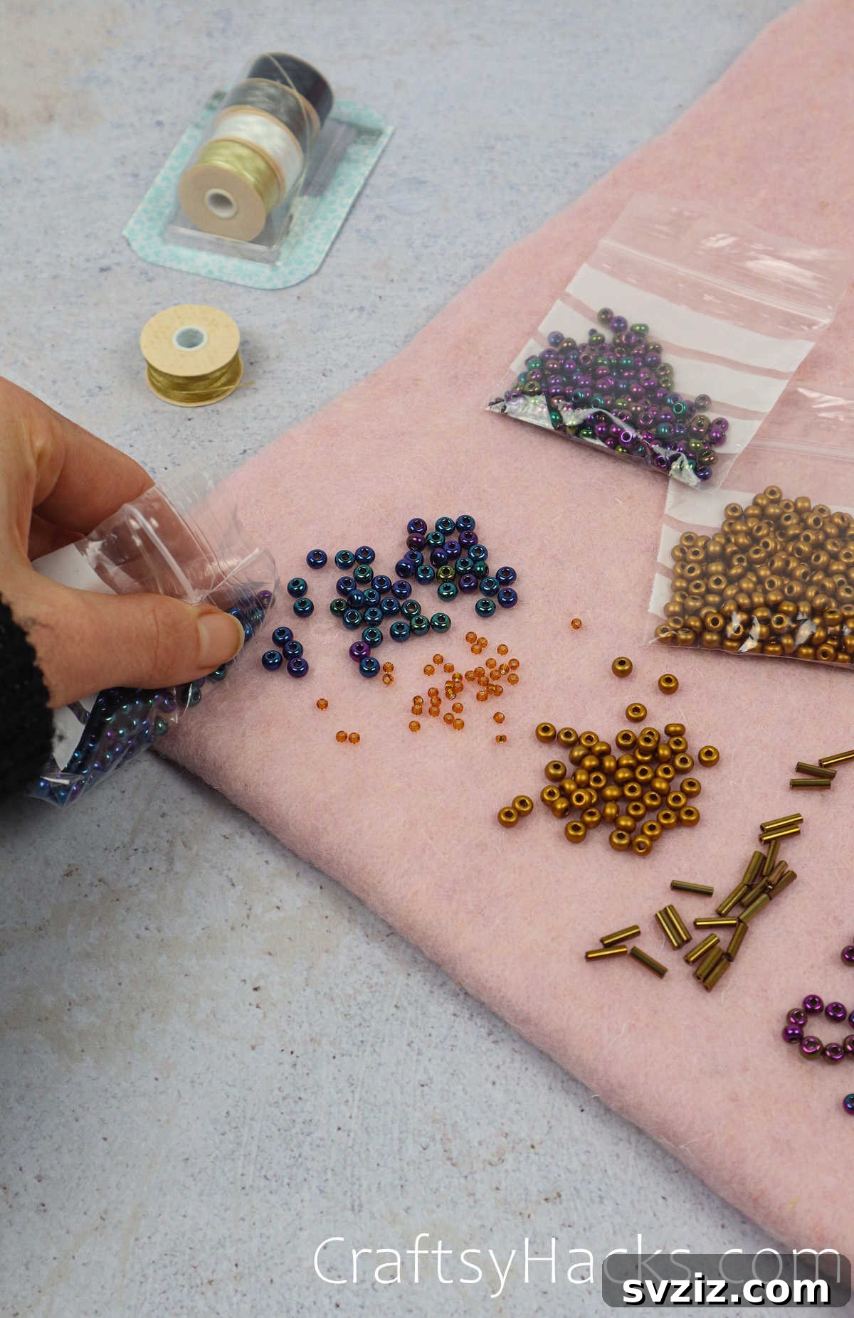 Craft Your Own Beaded Earrings 6 Beads and beading supplies neatly laid out on a felt mat for crafting earrings.