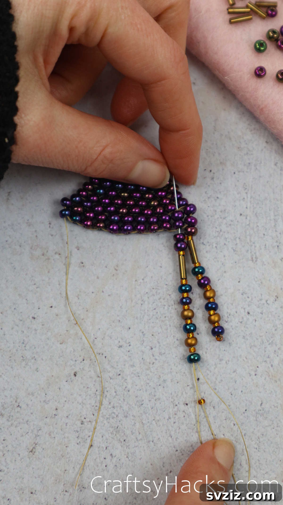 Craft Your Own Beaded Earrings 55 Beads being added to the fringe, skipping the bottom bead as instructed.