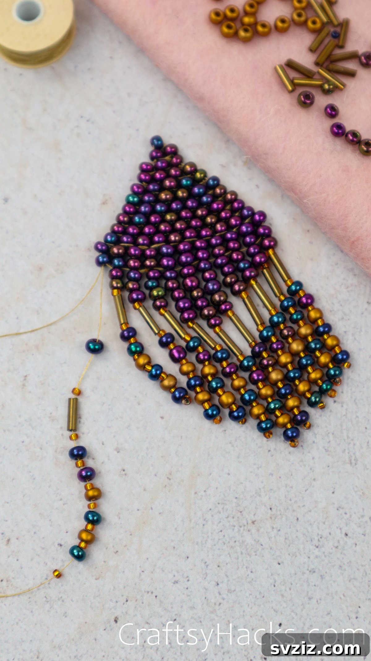 Craft Your Own Beaded Earrings 61 Final stages of fringe addition, with strands decreasing in length.
