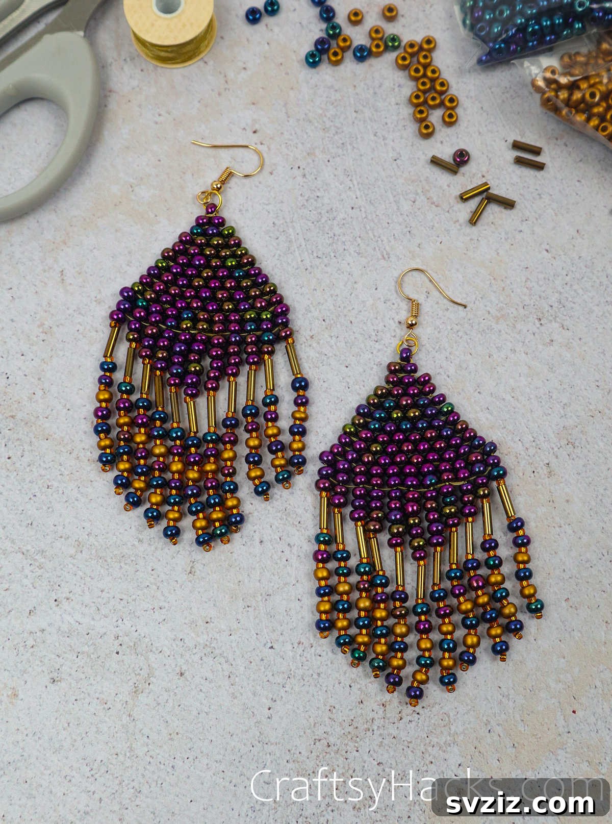 Craft Your Own Beaded Earrings 62 A beautifully finished set of beaded earrings with flowing fringe.