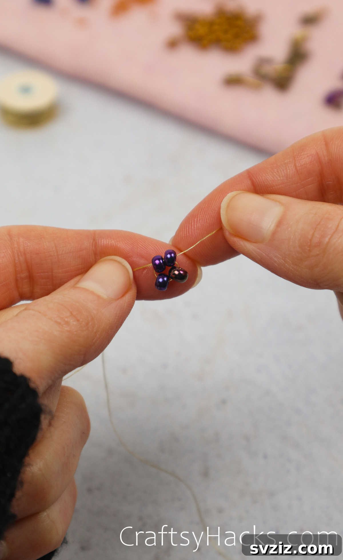 Craft Your Own Beaded Earrings 10 Four beads forming a square shape, illustrating the ladder stitch technique.