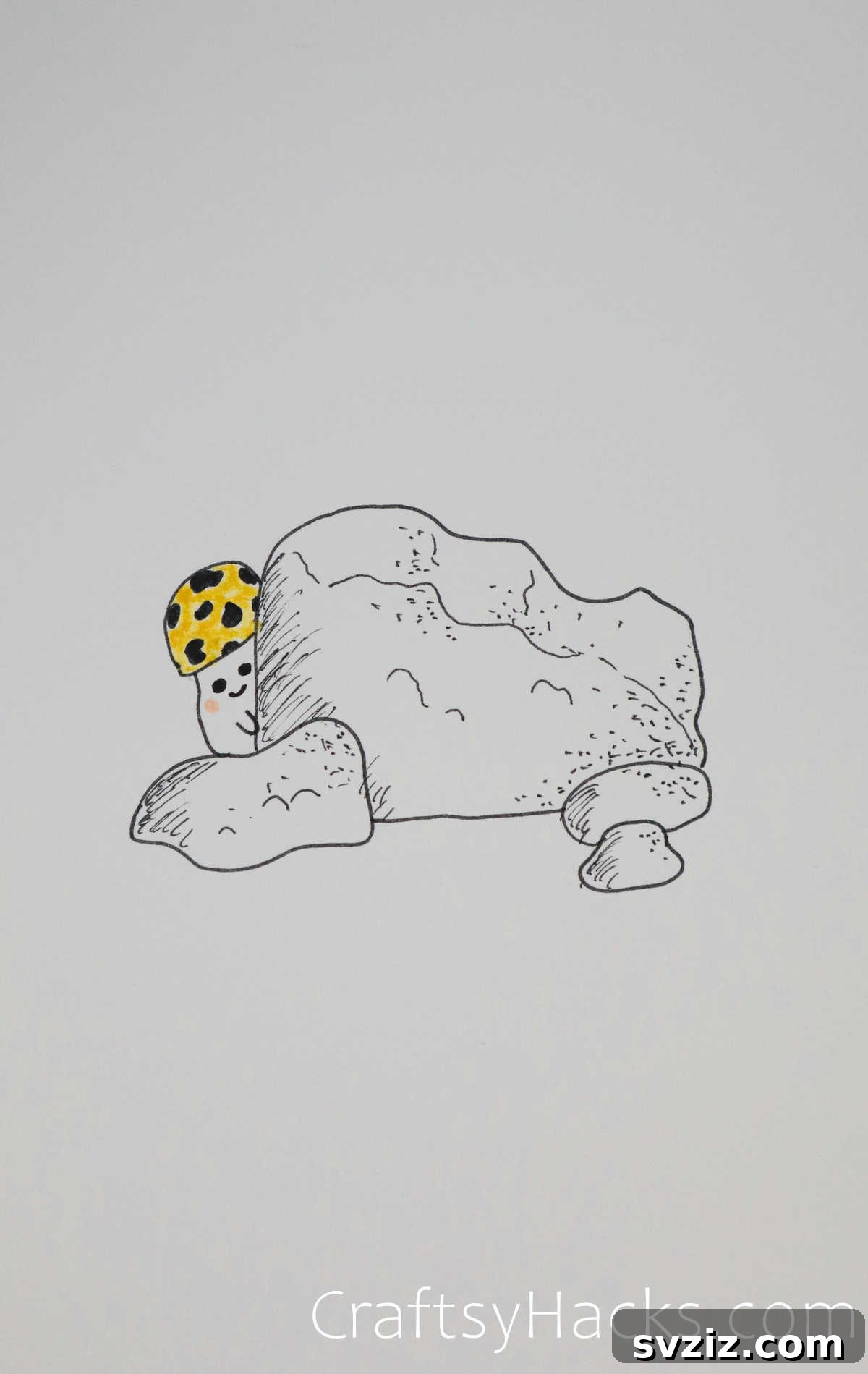 Shy Mushroom Drawing Hiding Behind a Rock