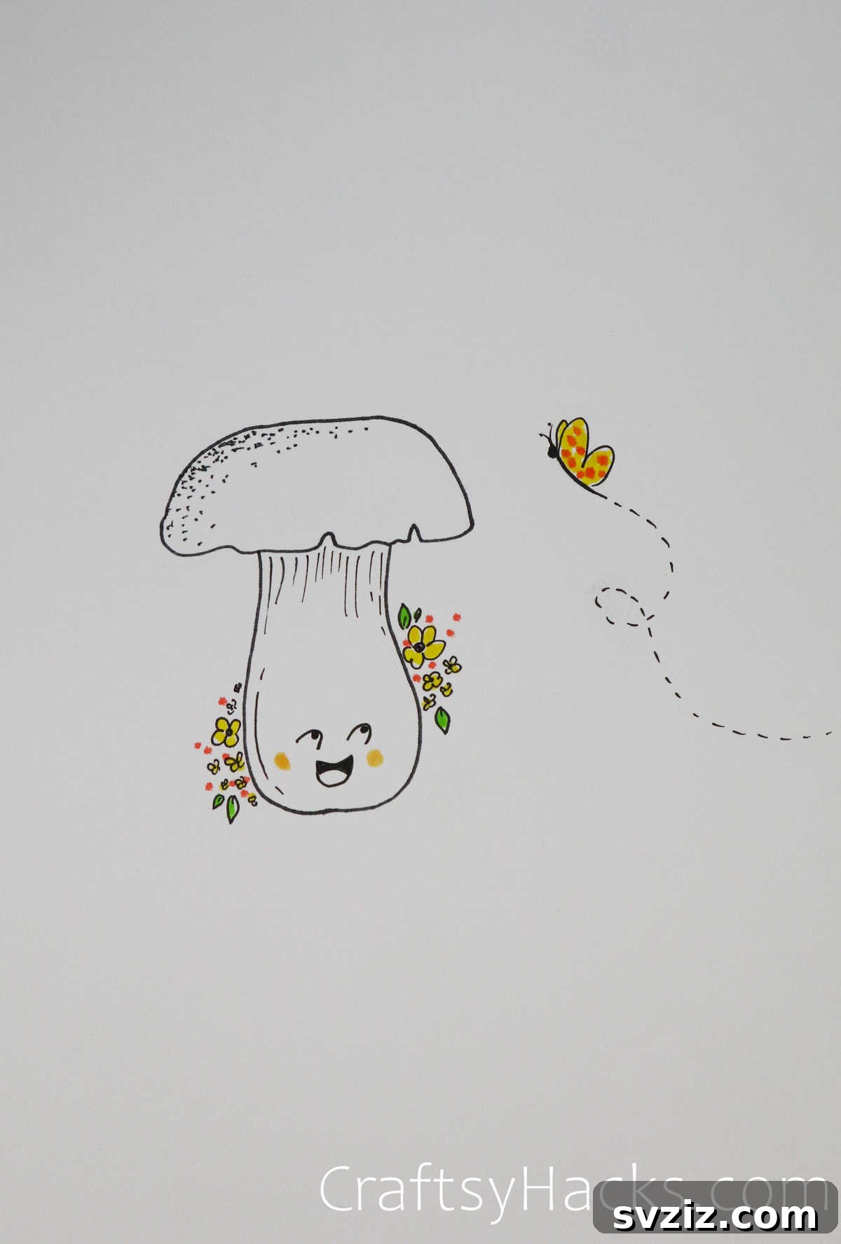 Cheerful Happy Mushroom Drawing with Flowers