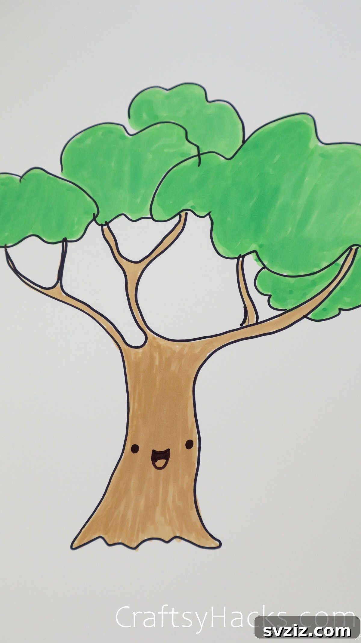 21 Simple Tree Drawing Prompts 2 Smiling, whimsical tree drawing on white paper, illustrating easy tree drawing ideas