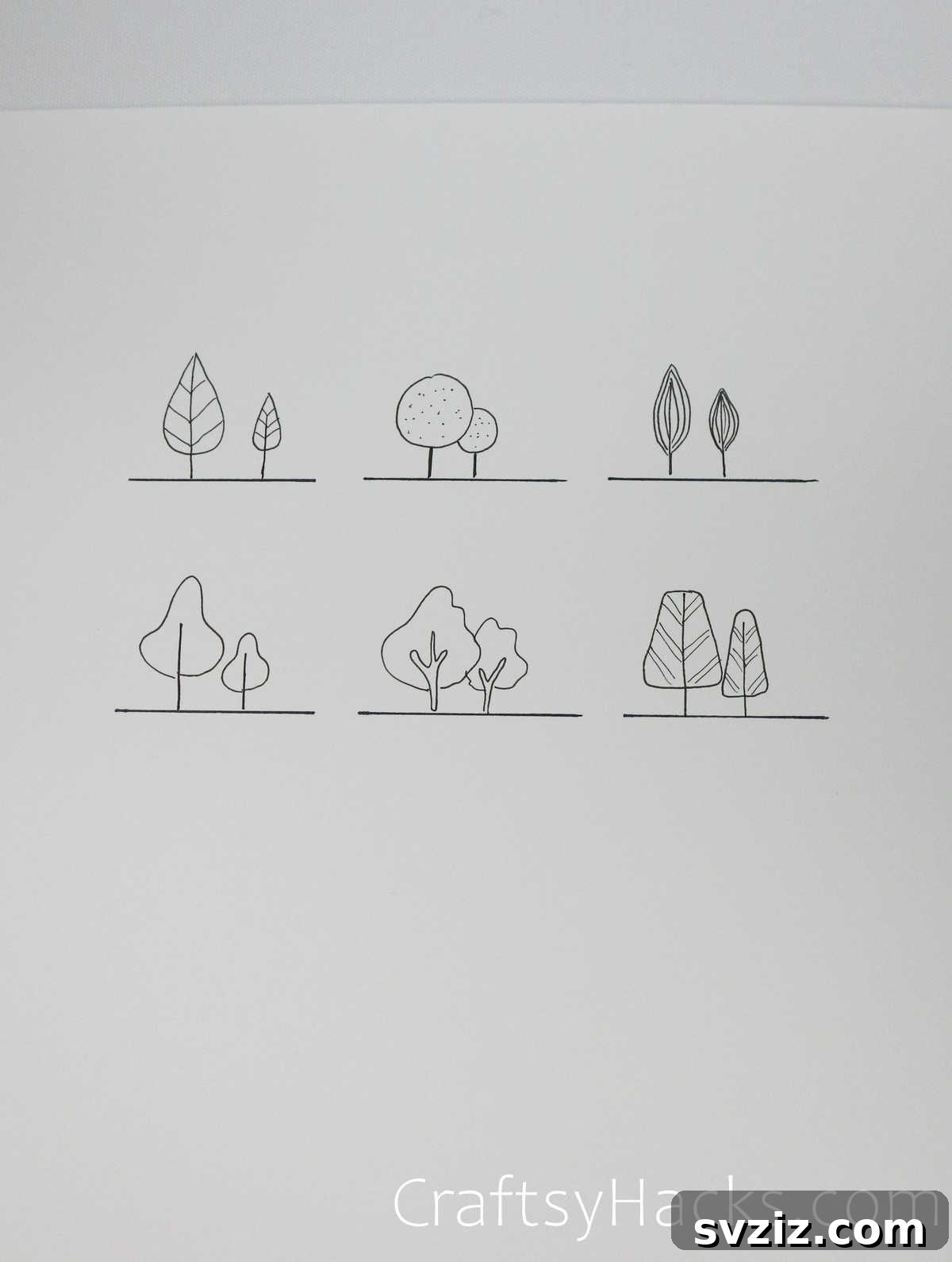 21 Simple Tree Drawing Prompts 17 A series of diverse tree drawings on a grid, showcasing different styles and complexities