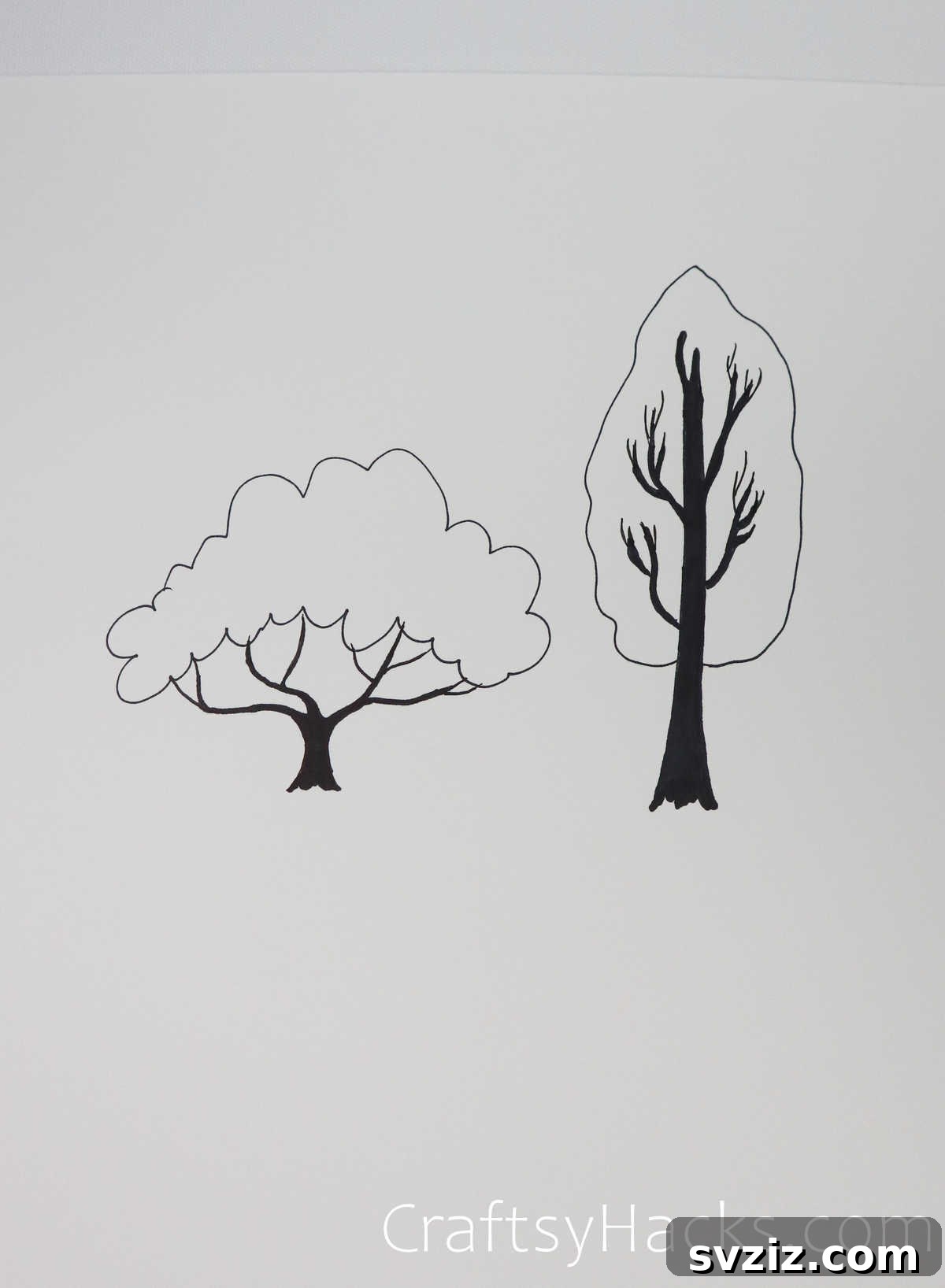 21 Simple Tree Drawing Prompts 18 A charming drawing featuring contrasting short and tall trees, emphasizing scale