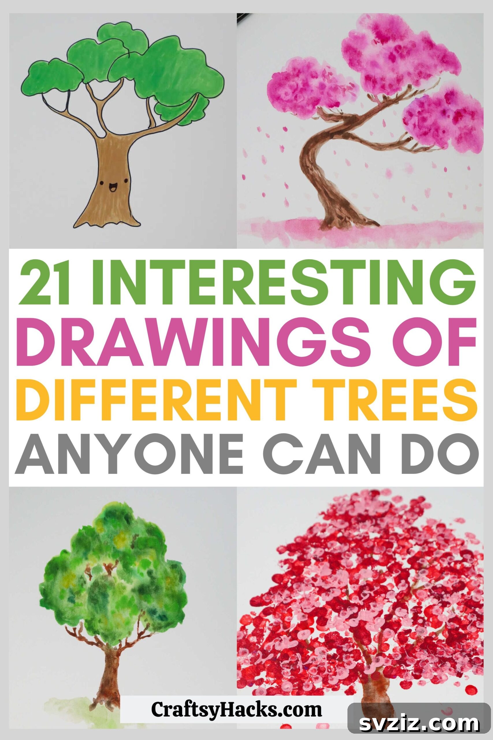 21 Simple Tree Drawing Prompts 3 Collection of diverse tree drawing ideas in a sketchbook, showcasing various styles and techniques