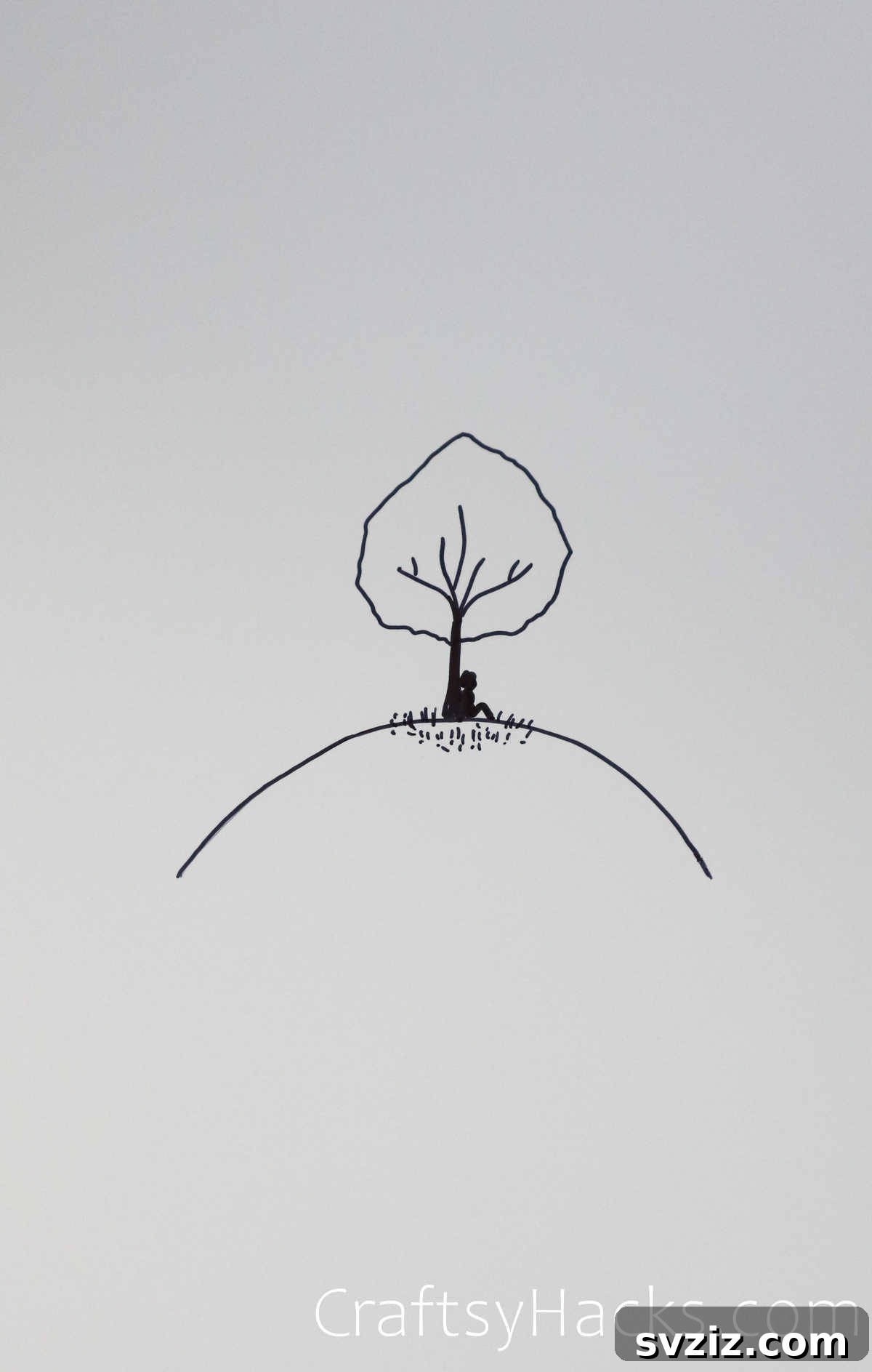 21 Simple Tree Drawing Prompts 22 Peaceful drawing of a person sitting on a hill under a tree, representing tranquility