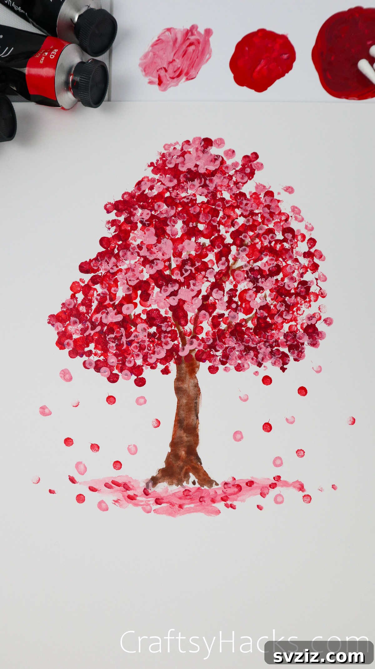 21 Simple Tree Drawing Prompts 5 Vibrant finger printed flowering tree art, perfect for art therapy and children's crafts